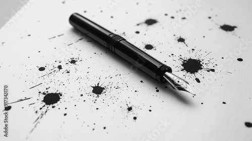 Fountain pen with black ink splatters on paper.