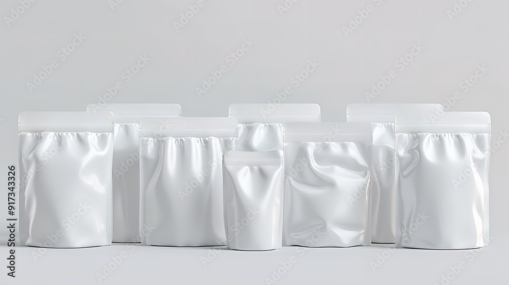 Four white stand up pouches isolated on a white background. Perfect for packaging designs or mockups. Four white stand up pouches isolated on a white background. Perfect for packaging designs or mockups.