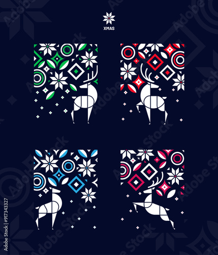 Merry Christmas modern card set elements on blue background vector. Xmas Card set