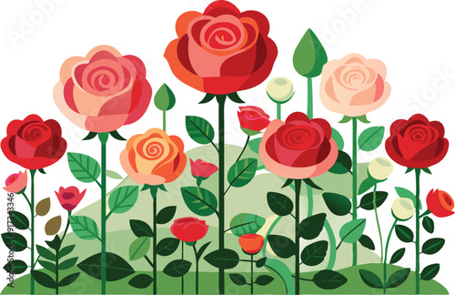 Blooming roses in various shades brighten a green garden in a vibrant spring landscape.