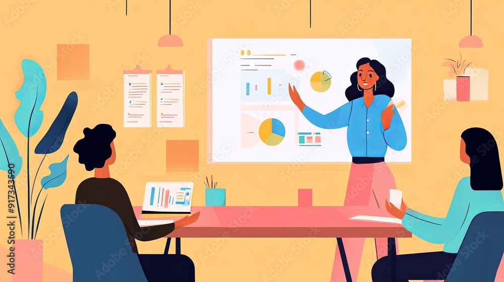 A businesswoman guides a team through a project plan during a meeting. A businesswoman guides a team through a project plan during a meeting.