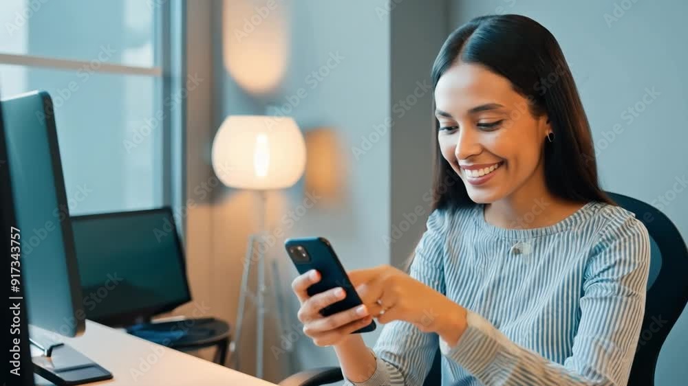 Businesswoman smiling while using smartphone in modern office Businesswoman smiling while using smartphone in modern office