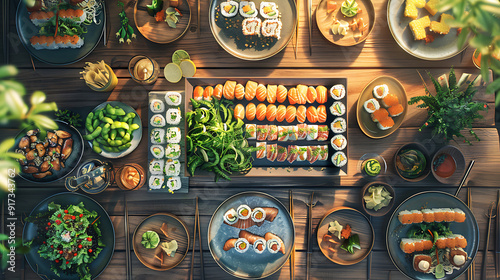 Wallpaper Mural Japanese restaurant dinner table spread in top-down view, array of beautifully plated sushi, sashimi, tempura, surrounded, fresh salads, traditional Japanese food Torontodigital.ca