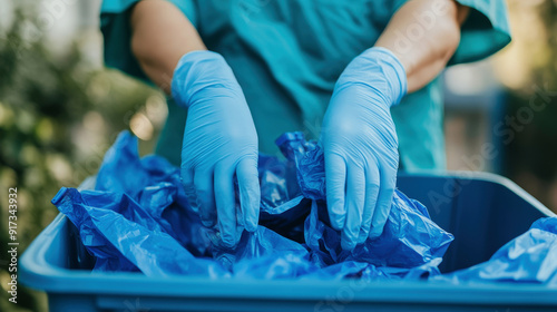 Medical professional disposing of blue protective gloves into waste bin photo