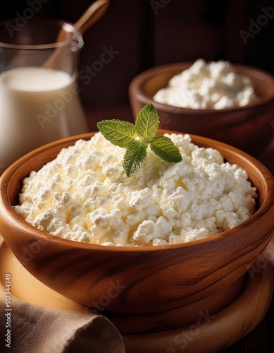 Fresh cottage cheese grain in a wooden bowl. Curd in granules with cream. Wooden rustic background. Copy space.