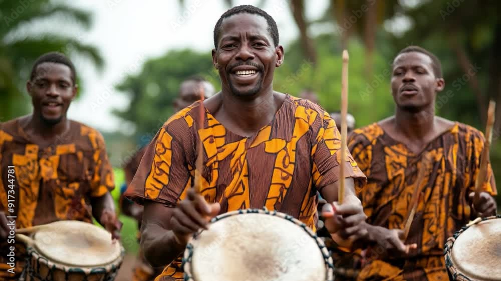 Group of african musicians playing traditional drums outdoors