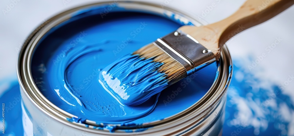 Close up of a paint brush dipping into a can of blue paint. The brush is covered in blue paint. Close up of a paint brush dipping into a can of blue paint. The brush is covered in blue paint.