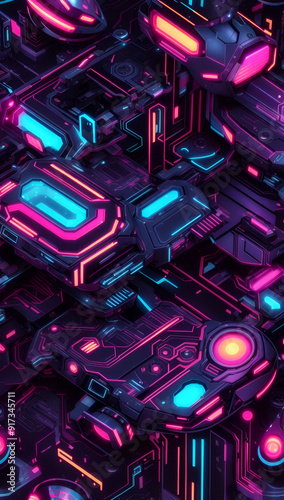 A futuristic sci-fi pattern with metallic and neon elements photo