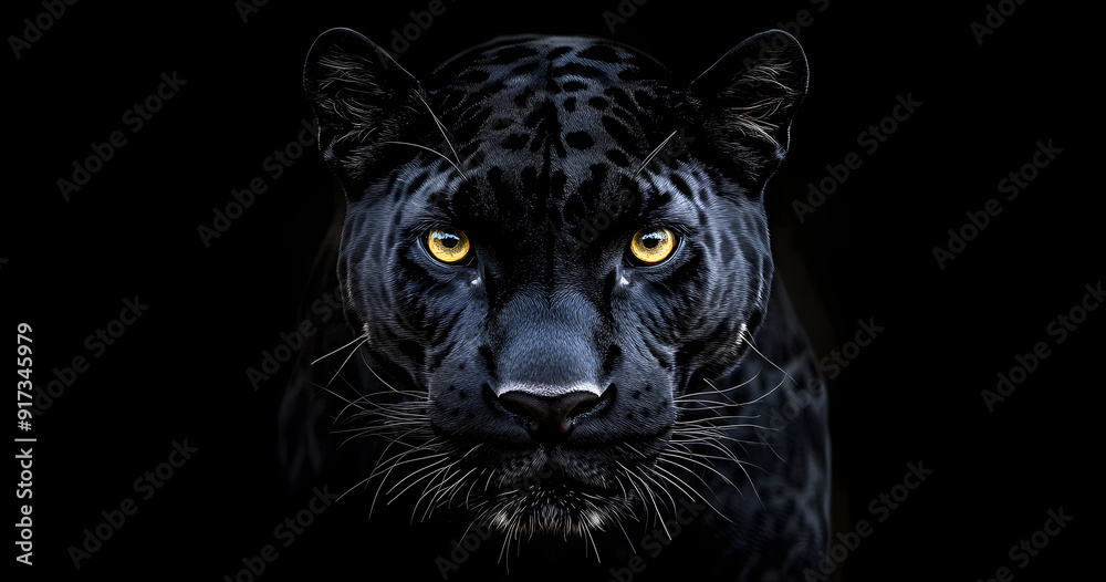 Front view of Panther on black background. Wild animals banner with copy space. Predator series. Front view of Panther on black background. Wild animals banner with copy space. Predator series.