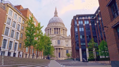 London, England, UK - August 10, 2024: Timelapse Journey: Fast-Paced Morning Approach to London’s Iconic Saint Paul Cathedral from the Bridge – A horizontal Cinematic Tour of Historic Architecture