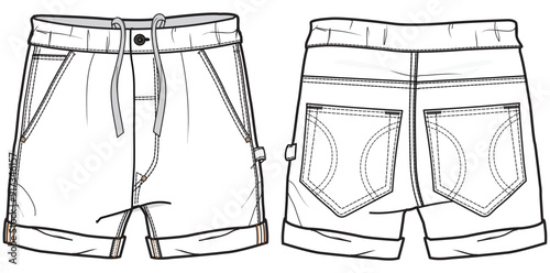 Womens Denim shorts front and back view flat sketch fashion illustration, Micro Denim shorts cad drawing vector template
