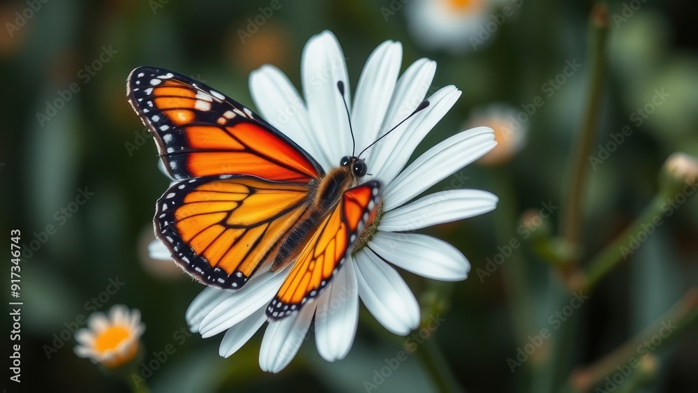 Obraz premium A vibrant butterfly rests on a stone in a sand garden with concentric circles. The image symbolizes tranquility, balance, and the beauty of nature in a Zen-inspired setting