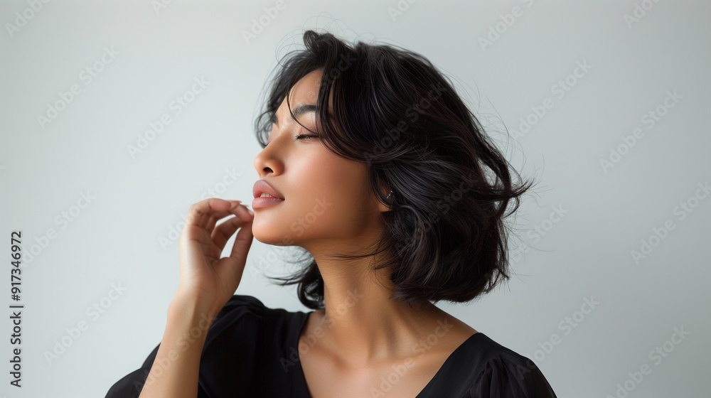 beautiful asian woman, cool pose, profile view, wind-blown hair, head photo, white background beautiful asian woman, cool pose, profile view, wind-blown hair, head photo, white background
