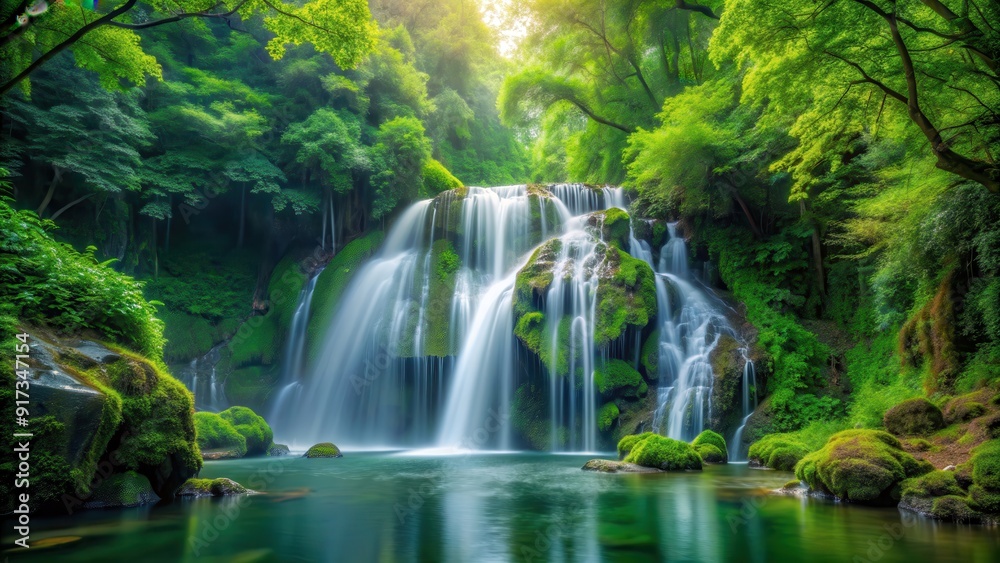 A stunning waterfall surrounded by lush green trees in the forest, waterfall, forest, nature, scenery, landscape A stunning waterfall surrounded by lush green trees in the forest, waterfall, forest, nature, scenery, landscape