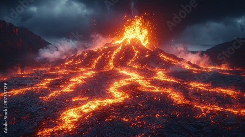 An erupting volcano, with glowing lava flows