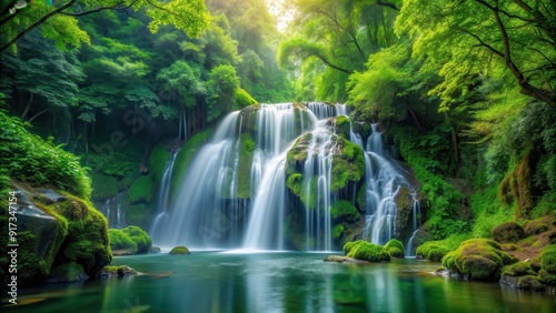 A stunning waterfall surrounded by lush green trees in the forest, waterfall, forest, nature, scenery, landscape