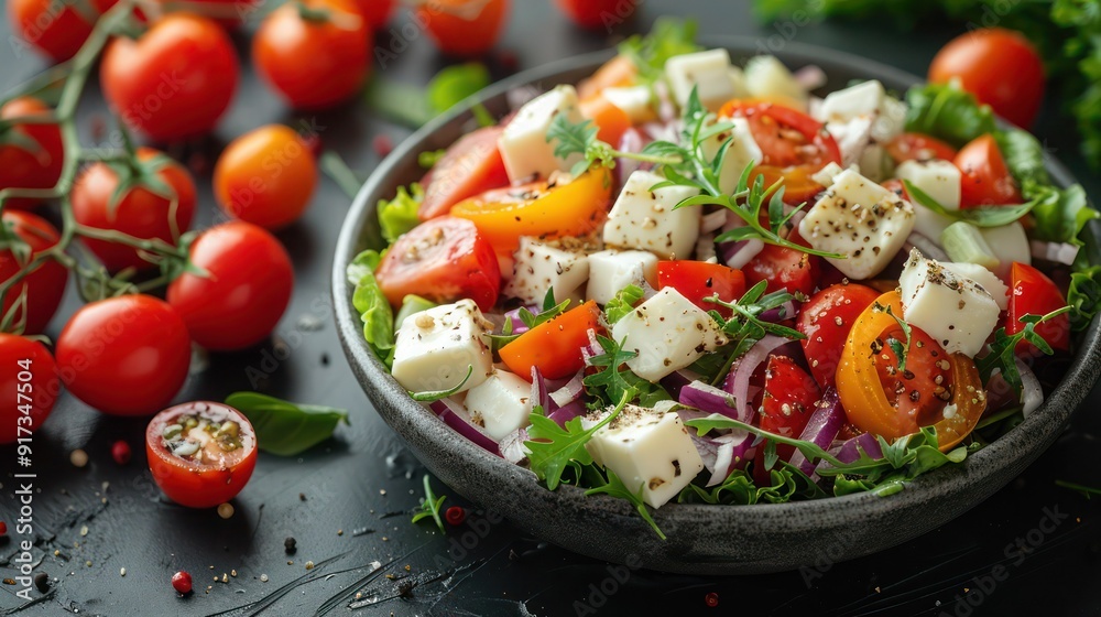salad with vegetables and cheese on solid colour background salad with vegetables and cheese on solid colour background
