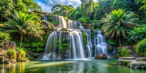 Scenic waterfall cascading in a lush park setting, nature, water, flowing, serene, outdoors, tranquil, greenery, landscape