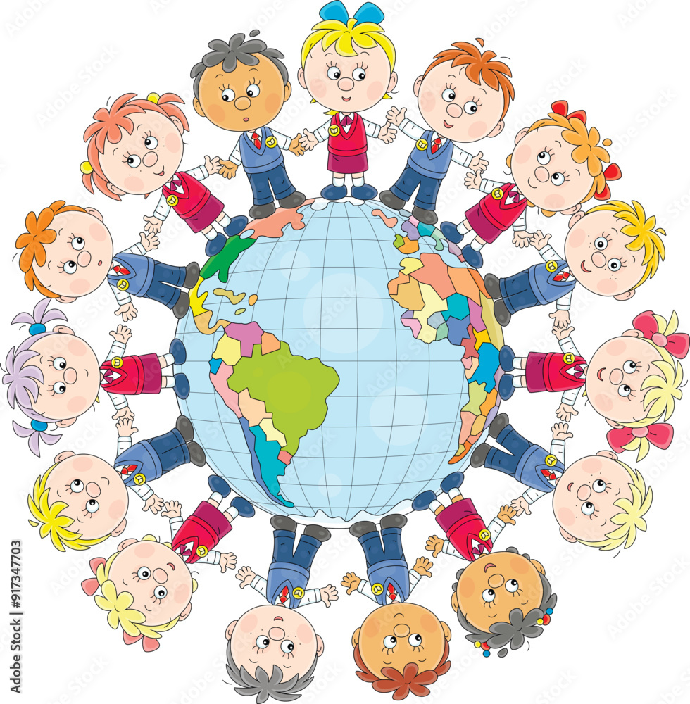 Happy little schoolchildren standing holding hands around a globe of the Earth, vector cartoon illustration isolated on a white background Happy little schoolchildren standing holding hands around a globe of the Earth, vector cartoon illustration isolated on a white background