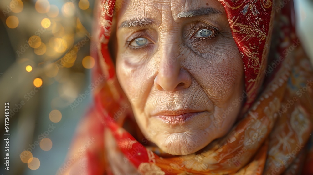 A close up photograph of an older Arabic woman with striking blue eyes. This image can be used to portray wisdom, experience, and the beauty of aging gracefully.
