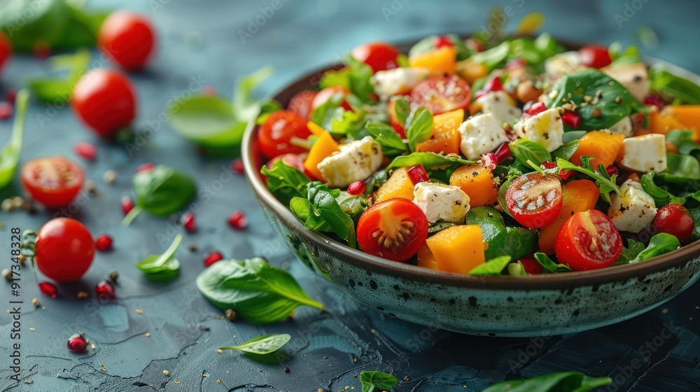 salad with vegetables and cheese on solid colour background salad with vegetables and cheese on solid colour background