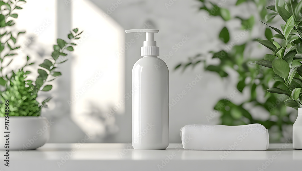 A mockup of a blank pump bottle incorporated into a professional setting in a beauty salon design A mockup of a blank pump bottle incorporated into a professional setting in a beauty salon design