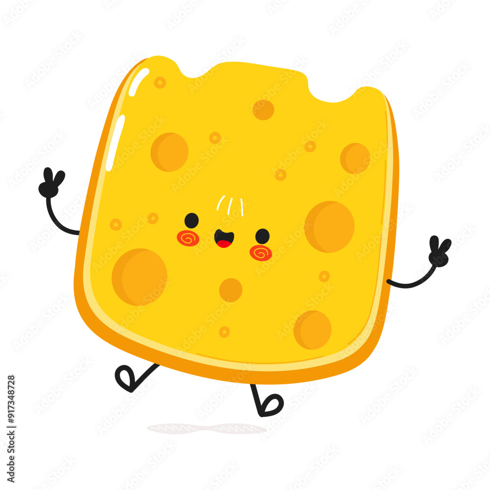 Cheese jumping character. Vector hand drawn cartoon kawaii character illustration icon. Isolated on white background. Cheese character concept Cheese jumping character. Vector hand drawn cartoon kawaii character illustration icon. Isolated on white background. Cheese character concept