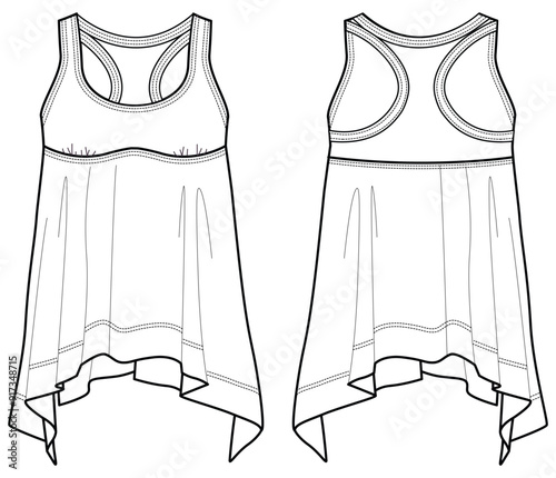 Women's sleeveless racer back waterfall Tank top vest flat sketch fashion illustration drawing template mock up with front and back view