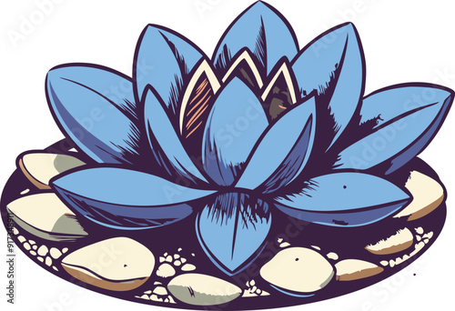 Blooming blue lotus rests on a bed of stones in a peaceful pond under bright sunlight.