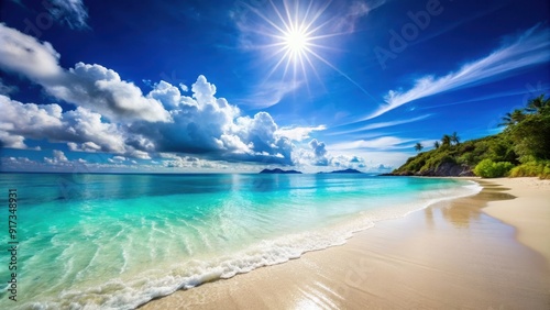 Beautiful sunny beach with clear blue water and white sand, beach, sunny, beautiful, ocean, coast, vacation, summer, relaxation