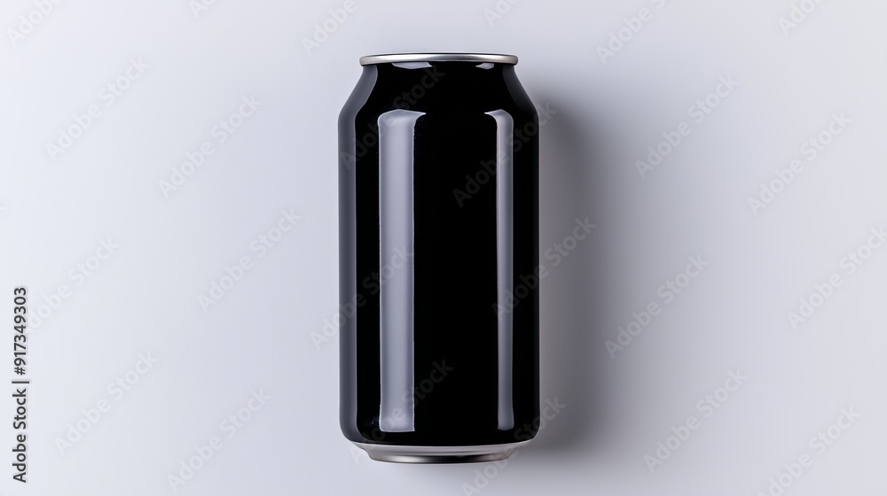 A can of black soda is sitting on a white background. The can is empty and has a silver lid A can of black soda is sitting on a white background. The can is empty and has a silver lid