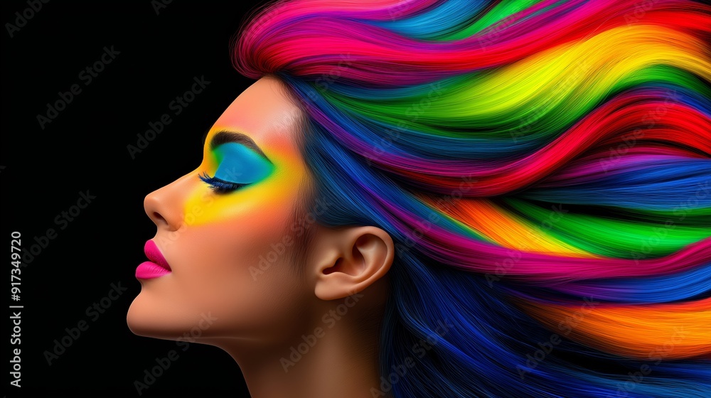 Naklejka premium A woman with rainbow colored hair and makeup. The hair is long and colorful, and the makeup is bright and bold. Concept of creativity and individuality, as the woman's hair and makeup are unique