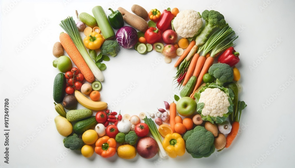 Fresh fruit and vegetables arranged in a circle, white background. Fresh fruit and vegetables arranged in a circle, white background.