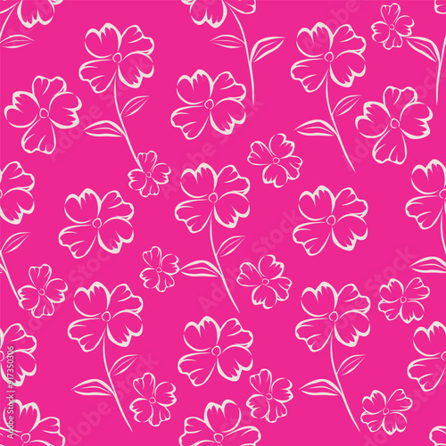 Elegance pink floral stems seamless pattern on a grey background. Vector hand drawn. Artistic, abstract flowers and tiny leaves, buds bells printing. Template for designs, fabric, fashion, textile
