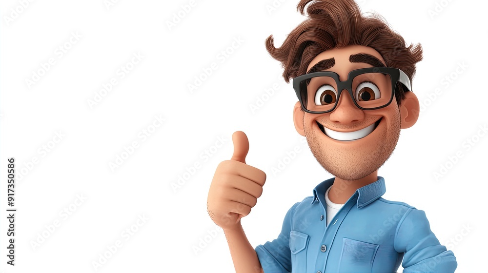 Cheerful Cartoon Character in Blue Shirt Giving a Thumbs Up - Perfect for Sports Room Poster or Motivational Decor with Stylish Vibes and Fun Energy!