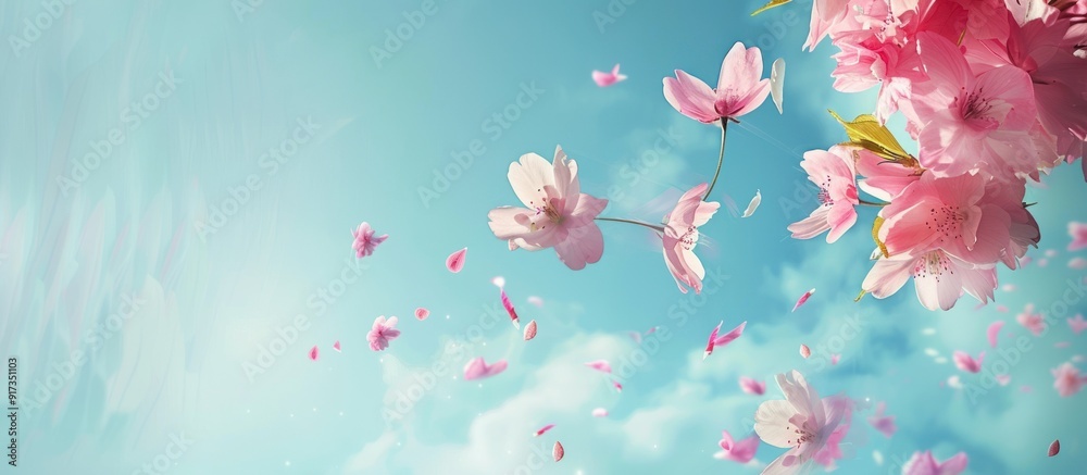 Spring flowers fly on a blue sky background. Spring flowers fly on a blue sky background.
