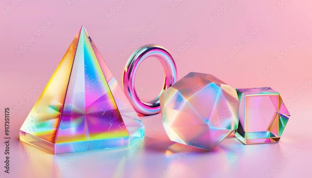 Fototapeta premium 3D render icons set featuring a glass triangle, ring, and cube with holographic gradient textures