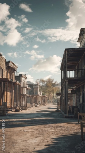 A Nostalgic Glimpse into the 19th Century: Historic Ghost Town with Quiet Streets, Wooden Saloons, and Time-honored Buildings Reflecting the Past of Cowboys and Pioneers.