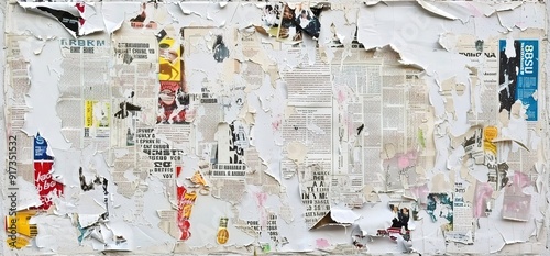 A weathered wall covered in layers of peeling posters and advertisements, creating a textured and abstract background.