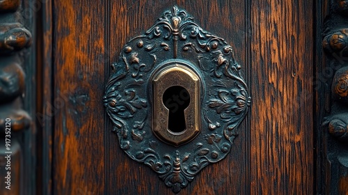 An ornate antique keyhole on an old wooden door, symbolizing the mystery and history of forgotten secrets. 
