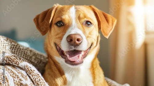 A cheerful dog relaxing indoors, radiating happiness and warmth. The perfect companion for cozy moments.