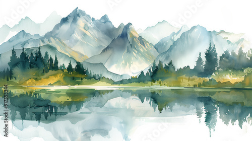  Watercolor beautiful  green spring lake and mountains landscape illustration on white background