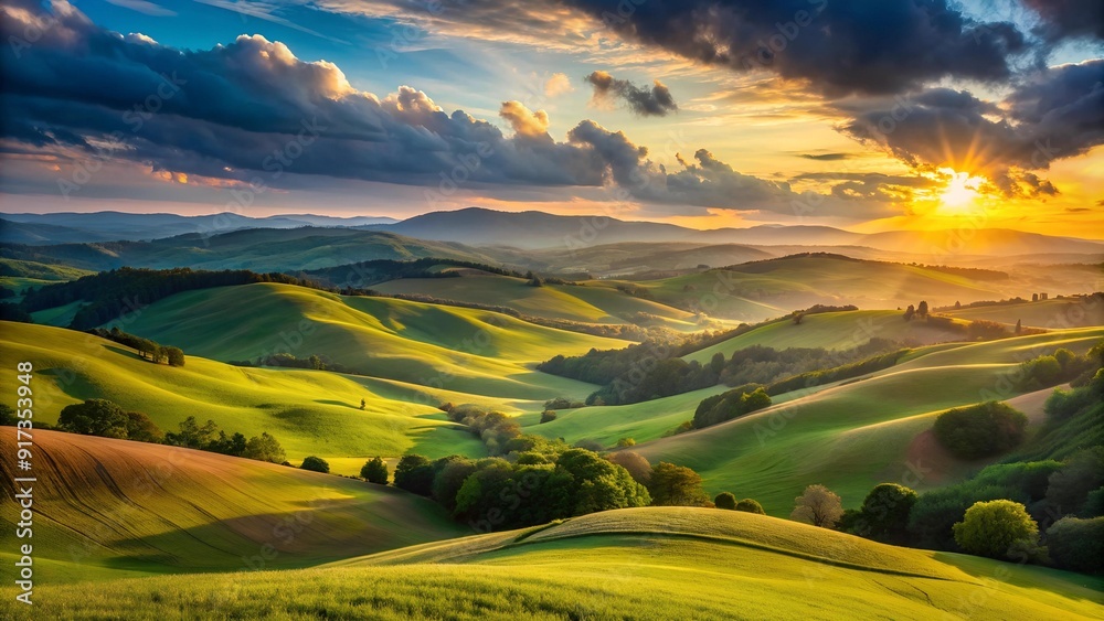 Obraz premium Serene Sunset Hues Over Rolling Hills AI Generated