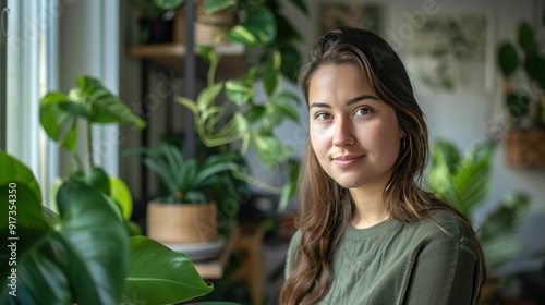 Photo of a young woman with a green plant in her home on a shelf in her living room.