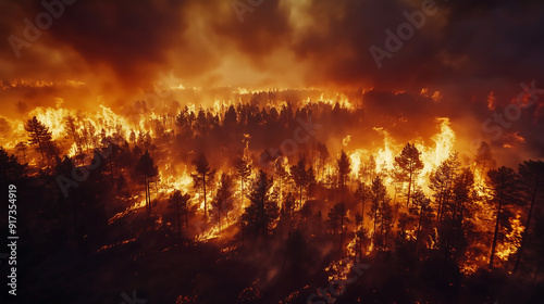 A sweeping drone shot over a forest engulfed in flames