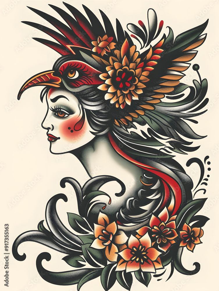 Fototapeta premium Womans Head with a Phoenix traditional tattoo illustration