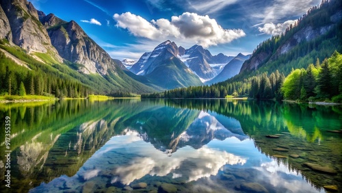 A Tranquil Mountain Valley with a Mirror-Like Lake Reflecting the Majestic Peaks  Generative AI