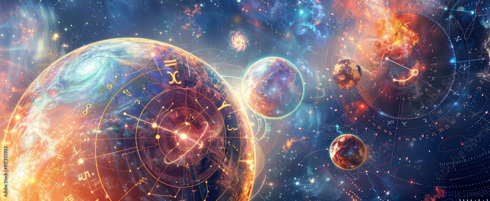 Fantasy space with Zodiac signs, planets and galaxy, view of Astrological wheel against dark sky and stars. Concept of astrology, art, design, horoscope, clock, background Fantasy space with Zodiac signs, planets and galaxy, view of Astrological wheel against dark sky and stars. Concept of astrology, art, design, horoscope, clock, background