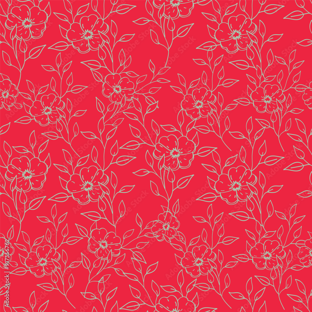 Obraz premium Hand drawing floral seamless pattern with cotton twigs and berries bouquets on a beige background. Winter Christmas themed background. Botanical illustration