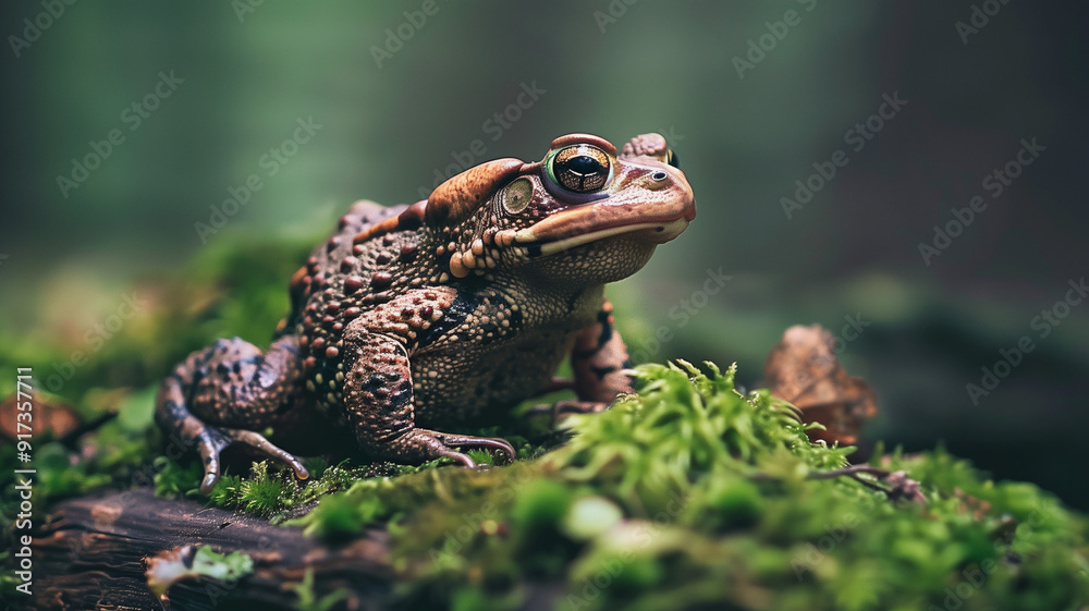 Obraz premium A close-up real photo of a toad sitting on a mossy log in a forest